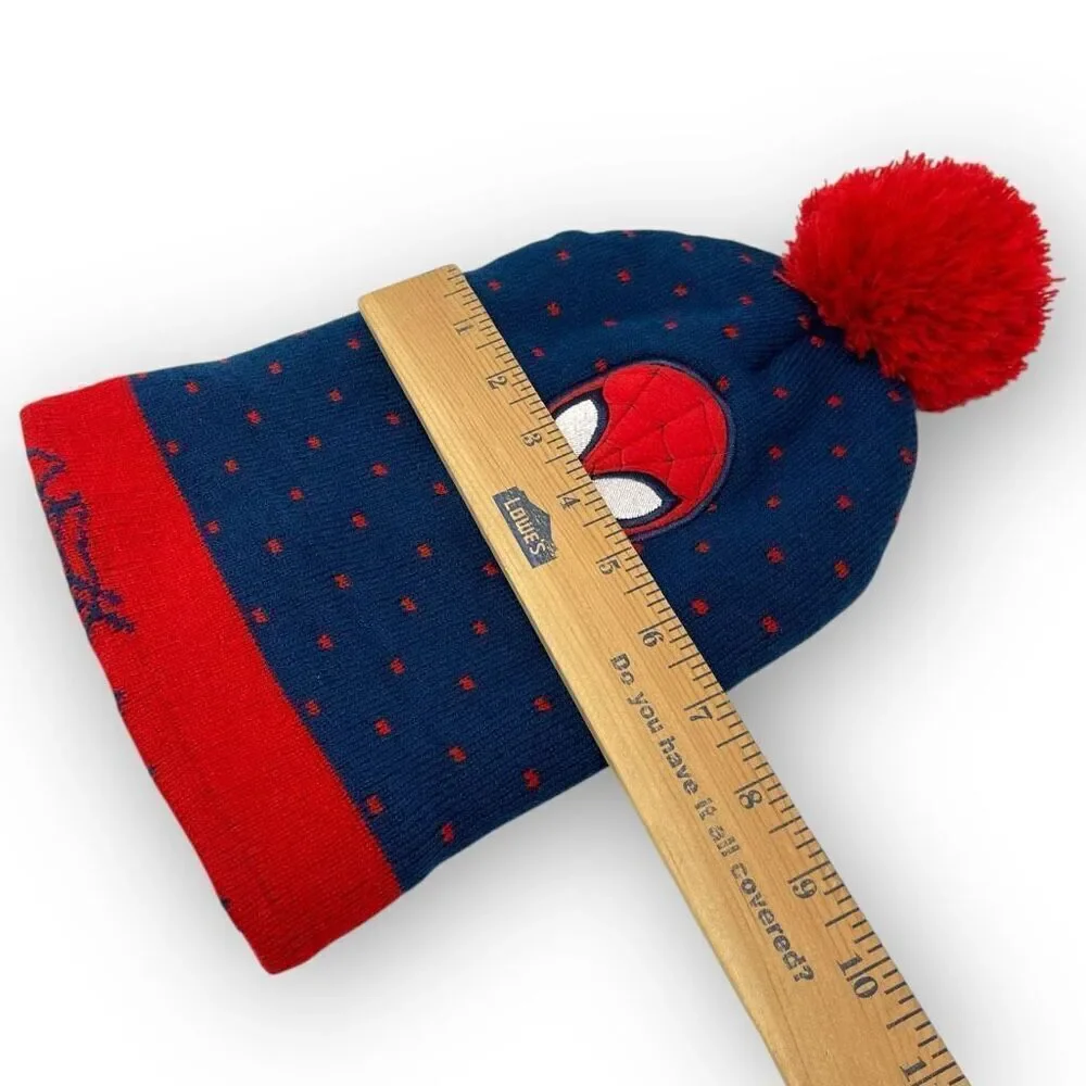 Marvel Spiderman Knit Hat Spidey Pom Stocking Beanie Cap Youth Kids Size OSFM